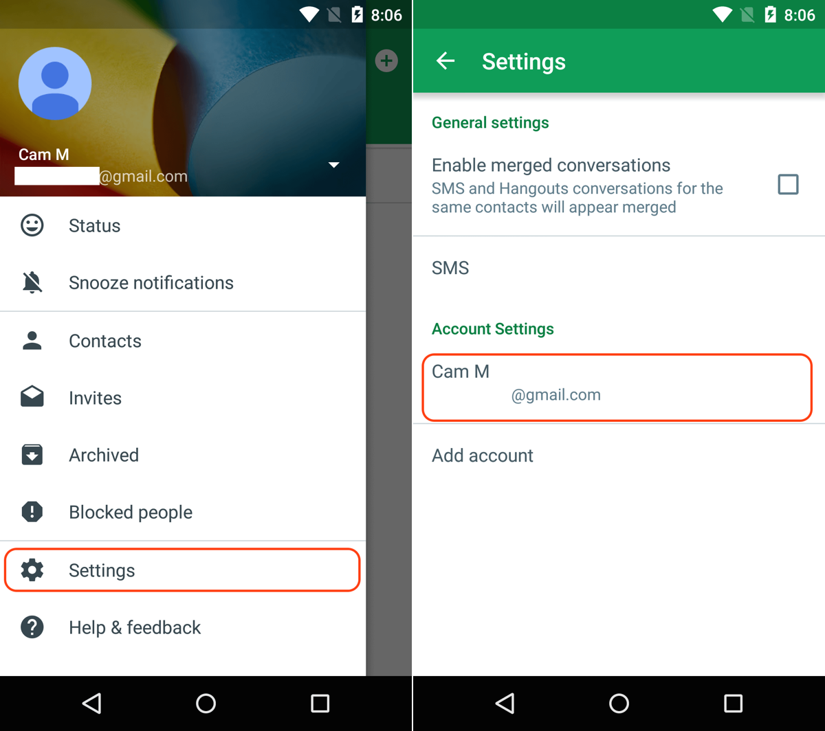 Hangouts app settings Android